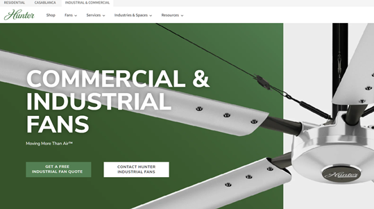 Screenshot of the official Hunter Industrial & Commercial website